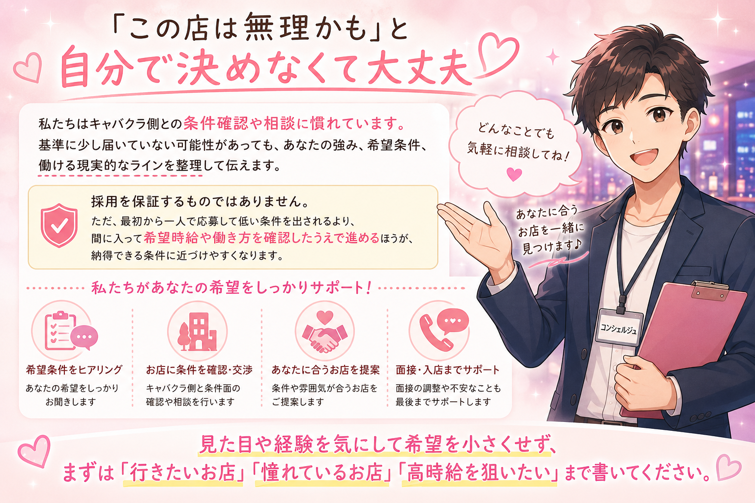 「この店は無理かも」と自分で決めなくて大丈夫。私たちがしっかりサポートします。相談だけでもOK・完全無料